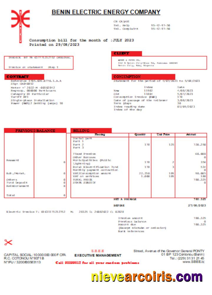 Benin Electricity Distribution Company Plc. utility business bill